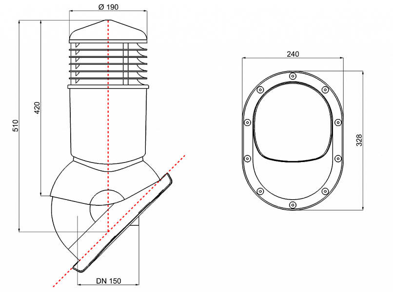 Схема Wirplast К55. Внутренний диаметр вентиляции: Ø150 мм, внешний диаметр колпака Ø190 мм