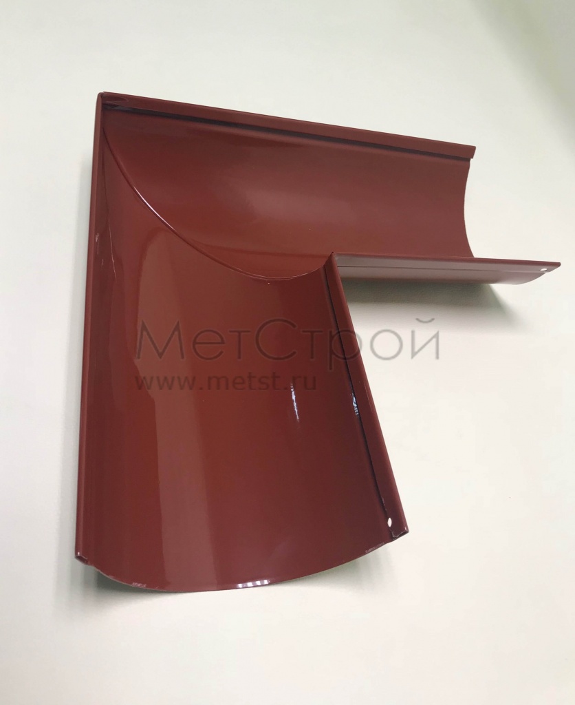 Коричневый угол желоба 90 градусов диаметром 
125 мм толщиной 0.5 мм оцинкованный с полимерным 
покрытием, цвет RAL 3009 «Оксид красный»