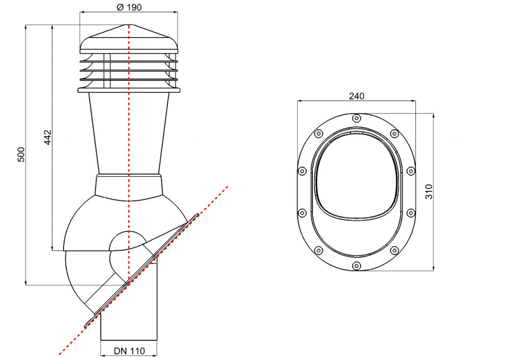 Схема Wirplast К23. Внутренний диаметр вентиляции: Ø110 мм, внешний диаметр колпака Ø190 мм
