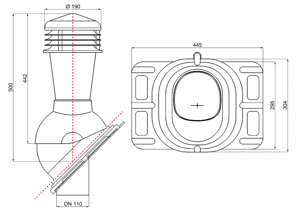 Вентиляционный выход Wirplast K25 D110 для металлической кровли - схема с размерами