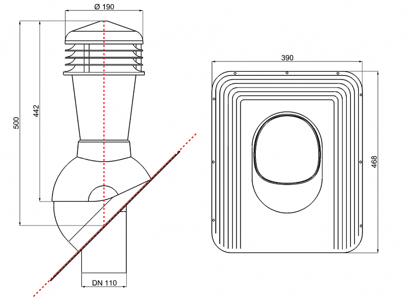 Схема Wirplast К21. Внутренний диаметр вентиляции: Ø110 мм, внешний диаметр колпака Ø190 мм
