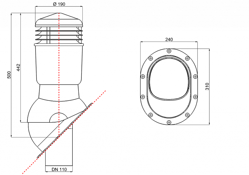 Схема Wirplast К24. Внутренний диаметр вентиляции: Ø110 мм, внешний диаметр колпака Ø190 мм